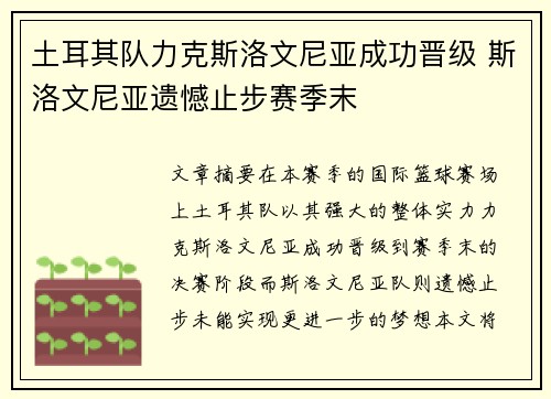 土耳其队力克斯洛文尼亚成功晋级 斯洛文尼亚遗憾止步赛季末