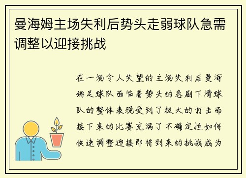 曼海姆主场失利后势头走弱球队急需调整以迎接挑战