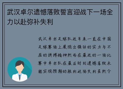 武汉卓尔遗憾落败誓言迎战下一场全力以赴弥补失利