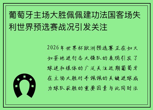 葡萄牙主场大胜佩佩建功法国客场失利世界预选赛战况引发关注