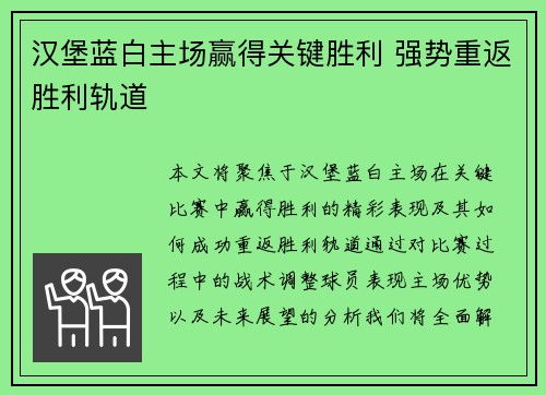 汉堡蓝白主场赢得关键胜利 强势重返胜利轨道