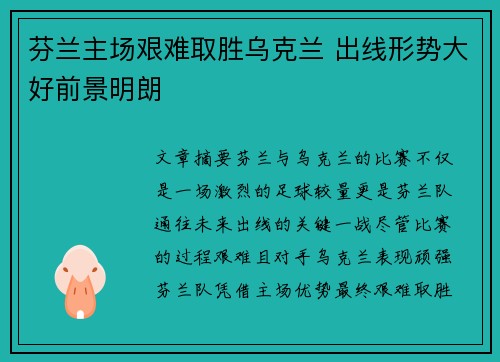 芬兰主场艰难取胜乌克兰 出线形势大好前景明朗
